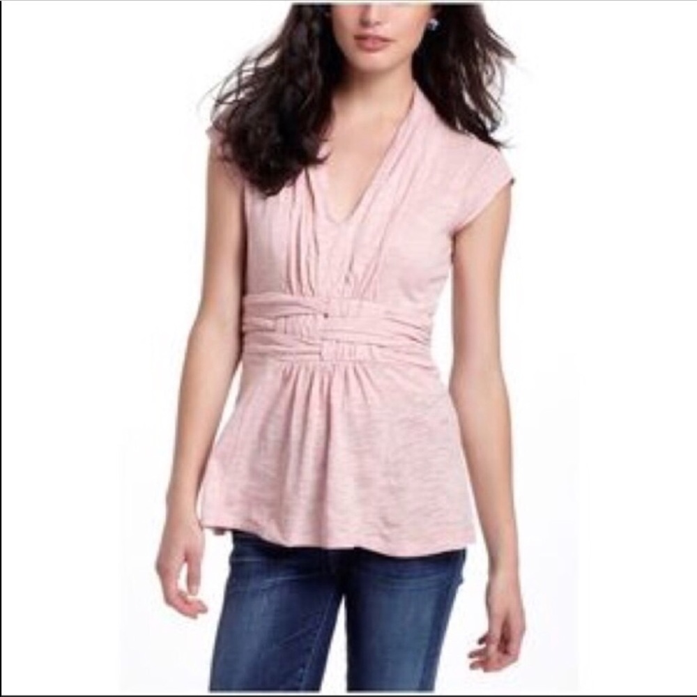 Anthropologie Light Pink Short Sleeve V-Neck Ruched Waist Top